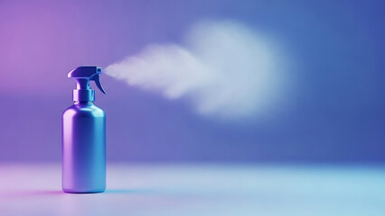 Spray bottle emitting mist in purple blue gradient
