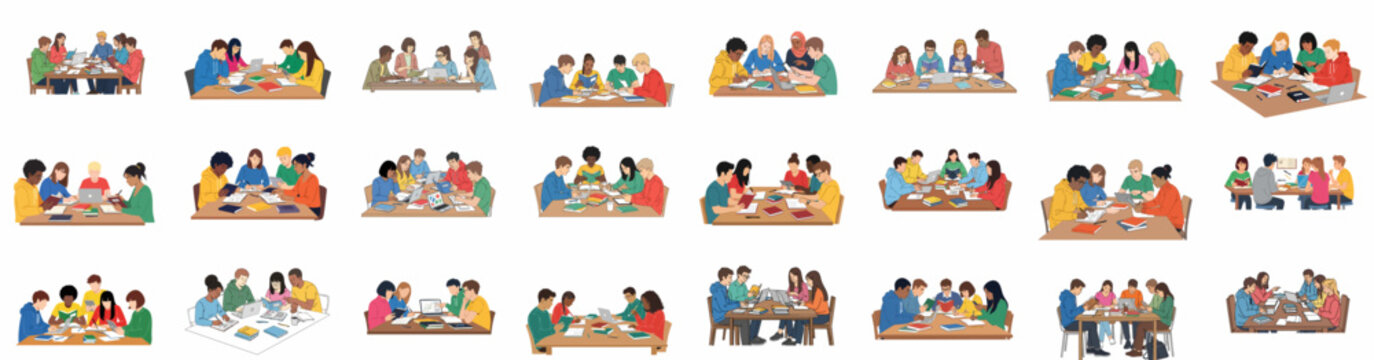 Diverse Group Study and Collaboration Illustrations: Students Learning Together Using Books, Laptops, and Tablets in Educational Settings.