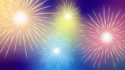 グラデーションの夜空に咲くカラフルな花火背景イラスト