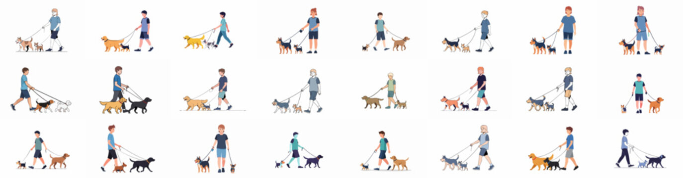 Diverse group of men and women walking multiple dogs on leashes, illustrating professional pet care, dog walking services, and responsible ownership.