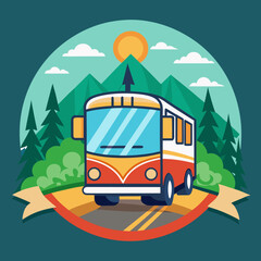 Flat Style Travel Bus with Mountain Landscape"