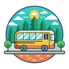Scenic Bus Travel Illustration with Mountains and Forest Landscape
