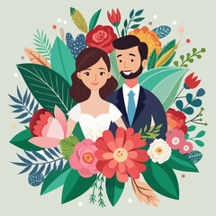 Romantic Wedding Couple Portrait Surrounded by Floral Decoration Vector