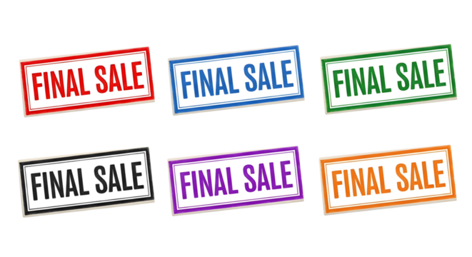 Collection of six colorful rectangular final sale rubber stamps on transparent background - Powered by Adobe