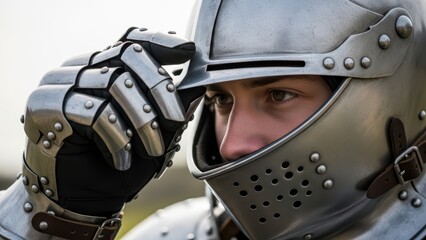 Fototapeta premium Young caucasian male knight wearing armor helmet in close-up medieval scene