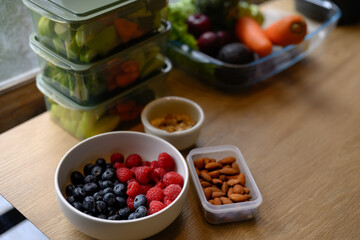 Health food raspberry and blueberry with almond and grain, Top view and copy space