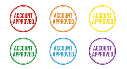 Six colorful circular rubber stamps confirming account approval on transparent background