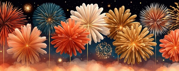 Colorful fireworks explode across the night sky in a festive celebration backdrop