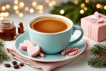 Fototapeta premium Blue coffee cup with latte art, heart candy canes, and gift box for festive holiday mood