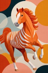 Naklejka premium Bright orange cartoon horse with white stripes leaping through colorful abstract circles background