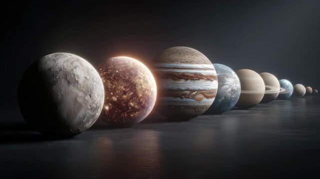 Planetary alignment shows eight planets lined up in order from the sun in a dark space setting with a smooth surface