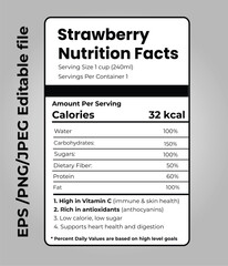 Strawberry Shortcake Nutrition Facts Label Editable and Resizable Vector Template for Dessert Bakery Food Packaging Design