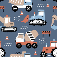 Seamless vector pattern with hand drawn cute construction trucks. 