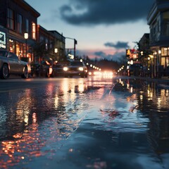 Dramatic Urban Evening Scene with Puddles Reflecting City Lights at Dusk, night view of the city