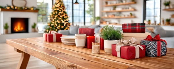 Cozy Christmas table scene with gifts, candles, and a blurred tree by the fireplace