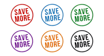 Collection of six distressed circular sale stamps with "save more" text on transparent background