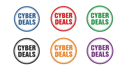 Six distressed circular badges featuring cyber deals text on transparent background