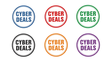 Six distressed circular badges featuring cyber deals text on transparent background