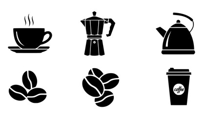 Collection of six black and white silhouette icons featuring coffee beans, cups, and brewing equipment