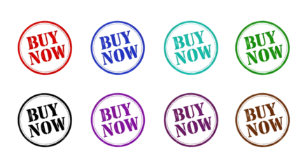 Collection of eight grunge buy now rubber stamp icons in various colors on transparent background