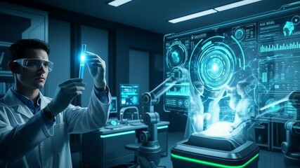scientist in lab with test tube futuristic medical technology digital healthcare technology system network connection hologram screen interface online medical examination report surgery. 4k video - Powered by Adobe