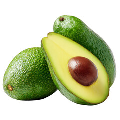 Fresh avocado with half cut and seed isolated on transparent background. Green healthy fruit rich in good fats for nutrition, vegan food, salad, organic diet, and clean eating design concepts.