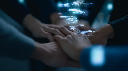 A team of diverse individuals unite their hands in a collaborative gesture, a shared symbol of teamwork and unity with the technological data overlay in a digital representation.