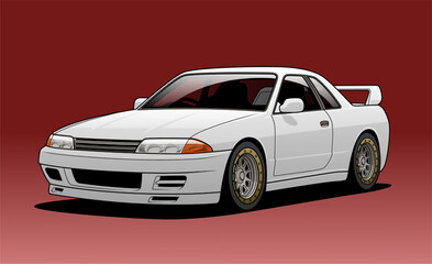 White sports coupe car vector illustration in clean detailed style, three-quarter front view, isolated with shadow, suitable for automotive design, posters, racing themes, and digital graphics