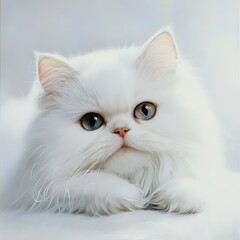 Portrait of a fluffy white Persian cat on a white background in a studio.