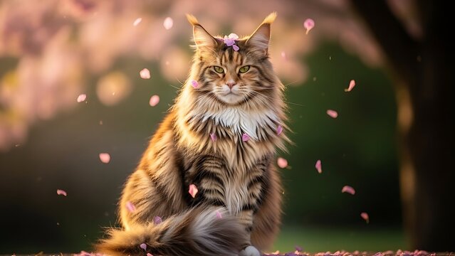 Majestic Maine Coon Cat with Falling Cherry Blossoms in Spring Garden.