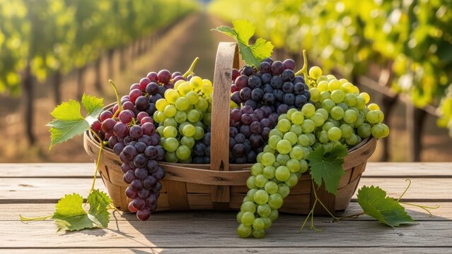 Variety of colorful grapes in a rustic basket on a wooden table in a vineyard setting - Powered by Adobe