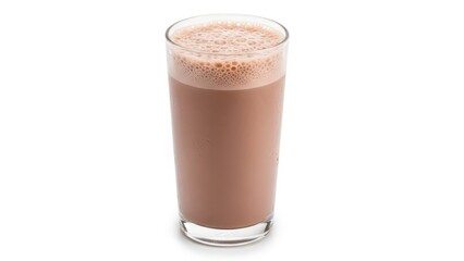 Refreshing cold chocolate milkshake in tall glass with frothy top on white background
