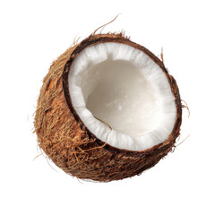 Half coconut with white flesh isolated on transparent background. Tropical fruit ingredient concept for healthy food, organic cooking, coconut oil, vegan recipes, desserts, packaging.