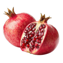Fresh pomegranate with whole and cut fruit isolated on transparent background. Juicy red seeds rich in antioxidants for healthy nutrition, organic food, juice, dessert, and fresh fruit marketing.
