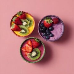 Vibrant Smoothie Bowls with Fresh Fruit Garnishes in a Flat Lay Composition, strawberries and kiwi
