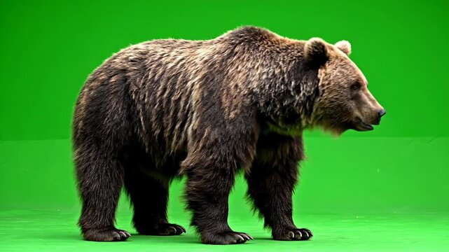 Majestic brown bear walks across a vibrant green screen displaying its imposing presence and powerful gait for visual effects