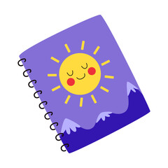 Spiral notebook with a smiling sun and mountains on the cover. Children's drawing album, poetry diary