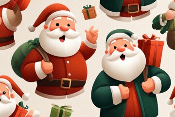 Cheerful Santa Claus with gifts in a festive pattern for Christmas illustrations and stock photography