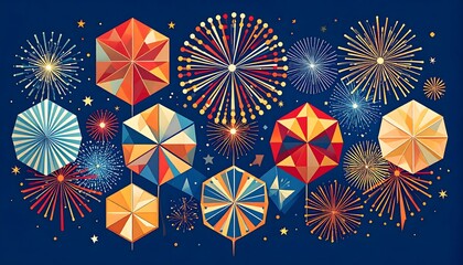 Abstract patriotic fireworks pattern with geometric shapes in red white and blue
