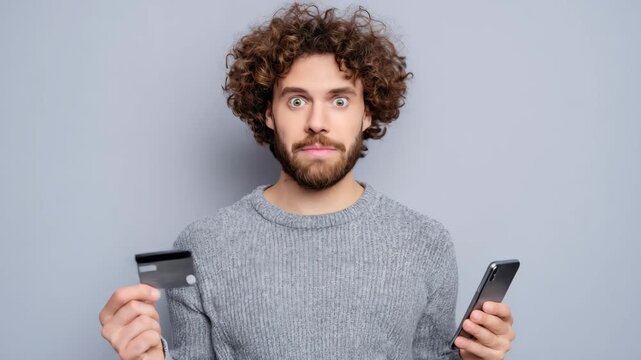 Surprised man holding credit card and smartphone experiencing financial shock, copy space