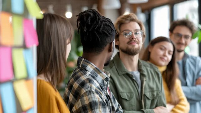 Diverse business professionals smiling, listening to a presentation in a modern office environment