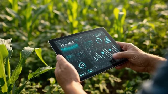 Farmer controlling smart agriculture system dashboard while standing in green cornfield