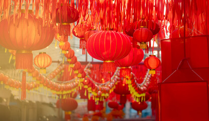 Red lantern decorated during lunar new year celebration in old chinatown street.