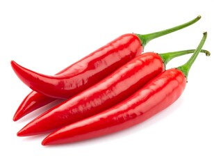 Four vibrant, glossy, red chili peppers with green stems are presented against a clean white backdrop. Perfect for culinary content
