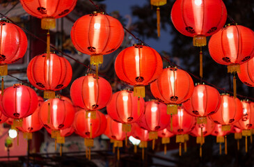 Red lantern decorated during lunar new year celebration in old chinatown street.