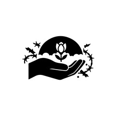 Obraz premium vector symbolizing environmental protection and conservation efforts against the impact of war and conflict. A caring hand shields a small flower, sprout, representing life and hope amidst destruction