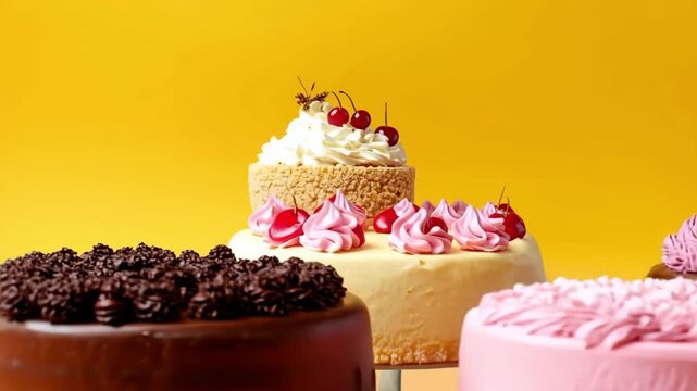 Assortment of sweet pastel frosted cakes lined up for a celebration, copy space