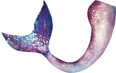 Curved cosmic purple mermaid tail with glowing pink and gold sparkles, elegant underwater fantasy...