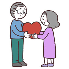 ハートを渡すシニア男女のイラスト
