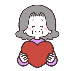 ハートを持って目を伏せるシニア女性のイラスト